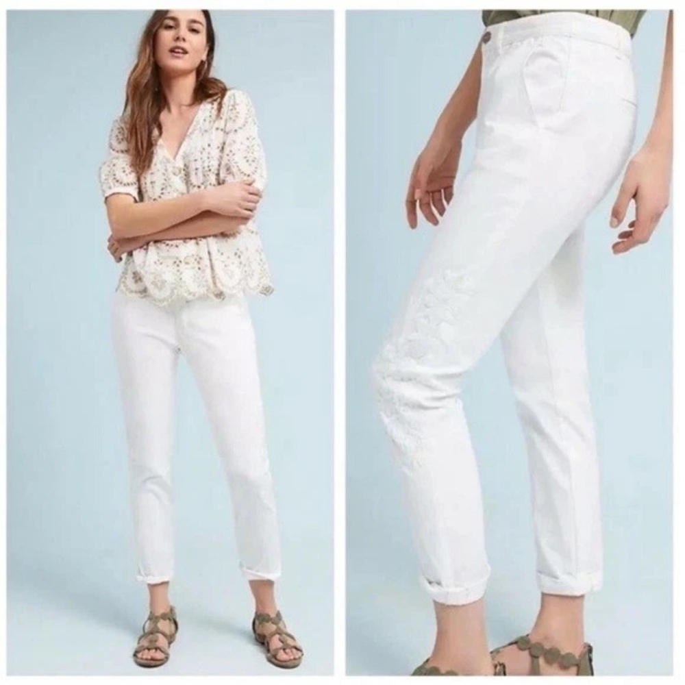Chino by Anthropologie Relaxed White‎ Embroidered Pants 28